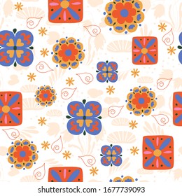 Patrón floral sin soldadura, flores abstractas y hojas sobre fondo blanco. Dibujo manual. Diseño para textiles, papel pintado y productos impresos. Ilustración del vector