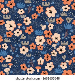 Seamless floral pattern, abstract flowers and leaves on a dark blue background. Hand drawing. Design for textiles, wallpapers, printed products. Vector illustration