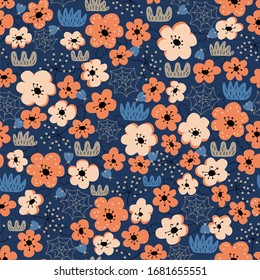 Patrón floral sin soldadura, flores abstractas y hojas sobre un fondo azul oscuro. Dibujo manual. Diseño para textiles, papel pintado y productos impresos. Ilustración del vector