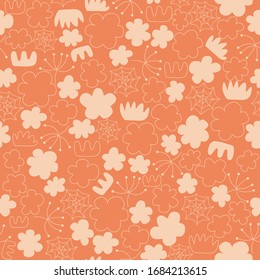 Diseño floral, flores abstractas y hojas en un fondo anaranjado. Dibujo manual. Diseño para textiles, papel pintado y productos impresos. Ilustración del vector