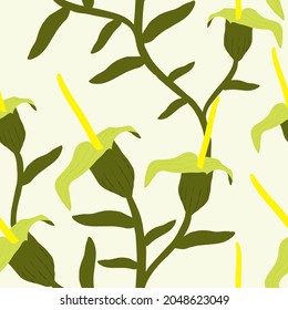 Patrón floral sin foco, flores abstractas y hojas sobre fondo blanco. Dibujo manual. Diseño para textiles, papel pintado, productos impresos. Ilustración del vector