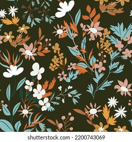 Seamless floral pattern with abstract flowers, leaves on a dark black-brown background. Autumn botanical motifs print in orange-green (warm) color palette. Modern vintage vector design 