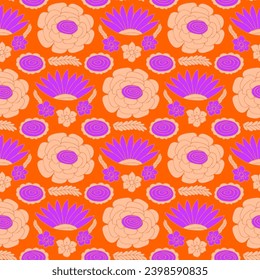 Seamless floral pattern, abstract flowers on orange background