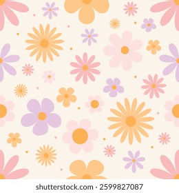 Seamless floral pattern with abstract flowers in pastel colors (pink, lilac, orange). Soft and minimalist style on a light background. Perfect for textiles, wallpapers, and packaging.
