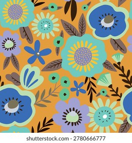 Seamless floral pattern with abstract flowers on a yellow background. Flat vector illustration.	