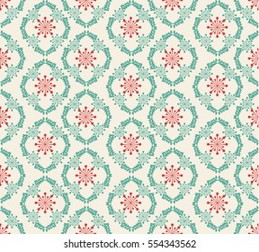 Seamless floral pattern of abstract flowers and leaves. Red and green background. For textile or book covers, manufacturing, wallpapers, print, gift wrap.