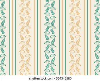 Seamless floral pattern of abstract flowers and leaves. Light brown and green background. For textile or book covers, manufacturing, wallpapers, print, gift wrap.