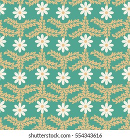 Seamless floral pattern of abstract flowers and leaves. Green background. For textile or book covers, manufacturing, wallpapers, print, gift wrap.