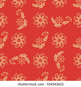 Seamless floral pattern of abstract flowers and leaves. Red background. For textile or book covers, manufacturing, wallpapers, print, gift wrap.