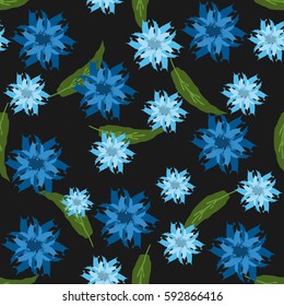 Seamless floral pattern. Abstract flowers and long leaves. Drawn with a rough brush. Color vector illustration.  Blue, black, green.