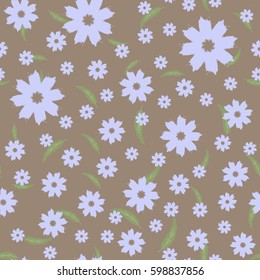 Seamless floral pattern. Abstract flowers and elongated leaves. Chaotically scattered elements. Drawn with a brush. Vector illustration. Blue, green, brown.