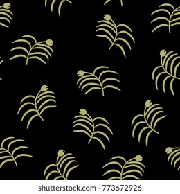 Seamless floral pattern with abstract folk motifs. Gold silhouettes on black background.