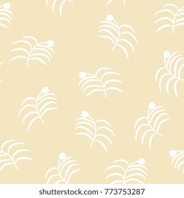 Seamless floral pattern with abstract folk motifs. White silhouettes on delicate ivory beige background.