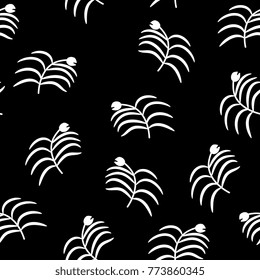 Seamless floral pattern with abstract folk motifs. Simple white silhouettes on black background.