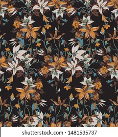 Seamless floral pattern with abstract garden flowers. Watercolor botanical illustration. Petals, buds, blooming flowers and leaves. Background for wallpaper, textile, fabric, clothes, dress or surface