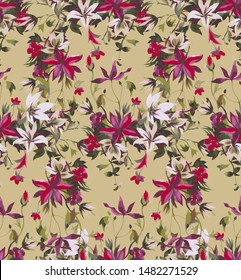 Seamless floral pattern with abstract garden flowers. Watercolor botanical illustration. Petals, buds, blooming flowers and leaves. Background for wallpaper, textile, fabric, clothes, dress or surface