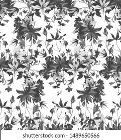 Seamless floral pattern with abstract garden flowers. Watercolor botanical illustration. Petals, buds, blooming flowers and leaves. Background for wallpaper, textile, fabric, clothes, dress or surface