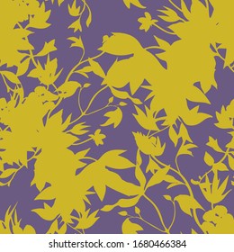 Seamless floral pattern with abstract garden plants. Flower silhouettes ornament. Botanical illustration. Petals, buds, blooming flowers and leaves. Background for wallpaper, textile, fabric, clothes.