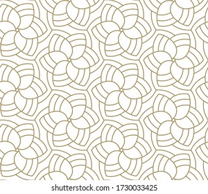 Patrón floral sin foco con textura de línea de flor geométrica abstracta, dorado sobre fondo blanco. Papel pintado sencillo y luminoso, telón de fondo de baldosas brillante y elementos gráficos decorativos.