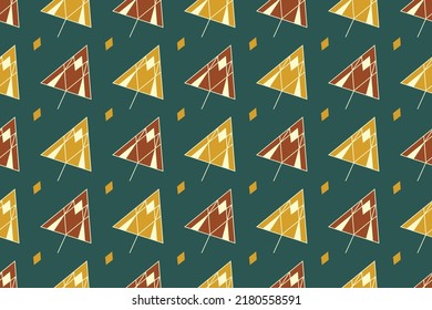 Seamless floral pattern with abstract geometric flower line texture, gold on green background. Light modern simple wallpaper, bright tile backdrop, decorative graphic element. Vector illustration