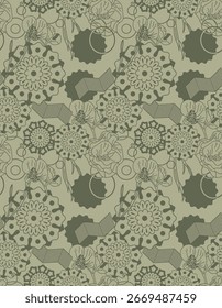 Padrão floral contínuo com elementos geométricos abstratos em tons verdes.