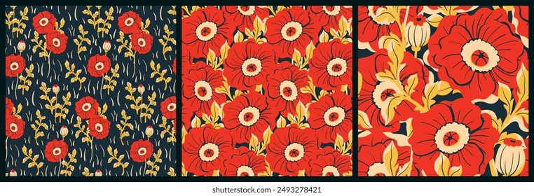 Patrón floral sin costuras, impresión gráfica abstracta de la flor en estilo vintage. Colección de diseño de superficie botánica: Grandes brotes de amapolas rojas dibujados a mano, hojas en la paleta de la vieja moda oscura. Ilustración vectorial