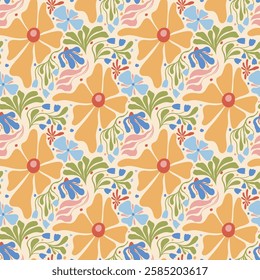 Seamless floral pattern with abstract groovy flowers and leaves. Colorful botanical ornament in folk retro style with yellow, blue, green elements. Elegant decorative background