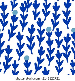 Seamless floral pattern with abstract hand drawn branches. Blue florals background. Perfect for fabric design, wallpaper, apparel. Vector illustration