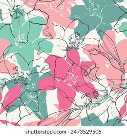 Patrón floral sin costuras con Elementos abstractos dibujados a mano de la flor y del fondo de la hoja aislados en rosa, verde y blanco
