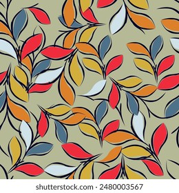 Seamless floral pattern with abstract hand drawn flower and leaf background elements in purple, pink, yellow, white and blue. 