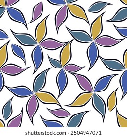 Seamless floral pattern with abstract hand drawn flower and leaf background elements in purple, pink, yellow, white and blue. Flower garden wallpaper design vector prepared for textile printing