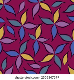 Seamless floral pattern with abstract hand drawn flower and leaf background elements in purple, pink, yellow, white and blue. Flower garden wallpaper design vector prepared for textile printing