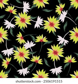 Seamless floral pattern with abstract hand drawn flower and leaf background elements in purple, pink, yellow, white and blue. Flower garden wallpaper design vector prepared for textile printing