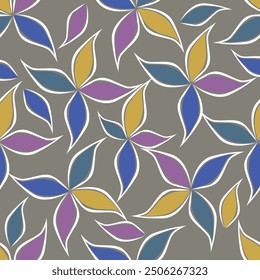 Seamless floral pattern with abstract hand drawn flower and leaf background elements in purple, pink, yellow, white and blue. Flower garden wallpaper design vector prepared for textile printing