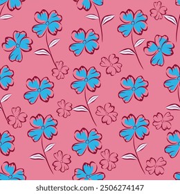 Seamless floral pattern with abstract hand drawn flower and leaf background elements in purple, pink, yellow, white and blue. Flower garden wallpaper design vector prepared for textile printing