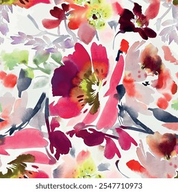 Seamless floral pattern with abstract hand drawn art watercolor textured flowers and leaves background elements in pink, green and yellow