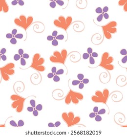 Seamless floral pattern with abstract hand drawn flower and leaf background elements in purple, pink, yellow, white and blue. Flower garden wallpaper design vector prepared for textile printing
