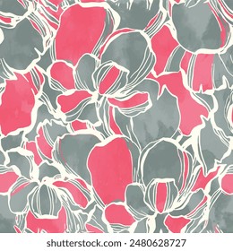 Seamless floral pattern with abstract hand-drawn brush background elements in pink, gray and white