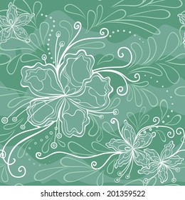 Seamless floral pattern with abstract hibiscuses and wavy background. Line art ornament with floral elements and dots in white and soft green colors. Floral textile background. Vector is grouped EPS8.