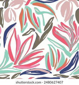 Seamless floral pattern with abstract isolated brush-drawn flower and leaf background elements in green, pink, blue and brown color