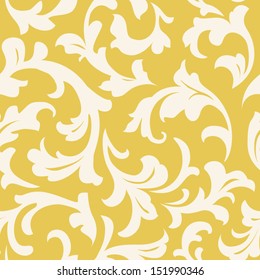 Seamless floral pattern. Abstract leaves silhouette on yellow background. Old styled wallpaper