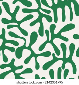 Seamless floral pattern with abstract leaves in Matisse style.  Jungle green and summer background. Perfect for fabric design, wallpaper, apparel. Vector illustration