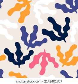Seamless floral pattern with abstract leaves in Matisse style.  Jungle colourful and summer background. Perfect for fabric design, wallpaper, apparel. Vector illustration