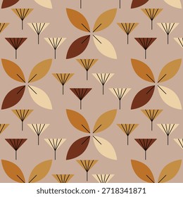 Patrón floral sin fisuras con hojas y flores abstractas Los tonos terrosos de marrón, beige y bronceado crean un diseño cálido y natural. Vector de recursos de diseño de fondo de tonos florales, hojas y tonos terrosos.