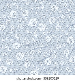 Seamless floral pattern. Abstract mesh texture with roses and leaves. Vector monochrome lace background.