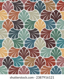 Seamless floral pattern with abstract multicolored leaves and flowers on a white background. Retro style geometric design. Vintage colors. Vector illustration.