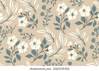 Seamless floral pattern, abstract natural print with hand drawn wild plants. Delicate botanical design: large white flowers, leaves, branches on a light background. Vector illustration.