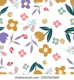 Seamless floral pattern, abstract natural print with hand drawn wild plants. Delicate botanical design: large white flowers, leaves, branches on a light background. Vector illustration