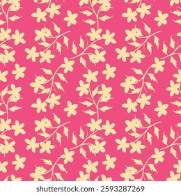 Seamless floral pattern, abstract natural print with hand drawn wild plants. Delicate botanical design: large white flowers, leaves, branches on a light background. Vector illustration
