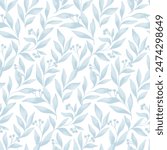 Seamless floral pattern, abstract nature ornament, flower print in delicate watercolor. Botanical design: hand drawn small berries, large blue leaves, branches on white background. Vector illustration